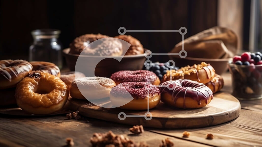 Σετ των 2 Intra Συλλεκτικό Ξύλινο Παζλ Plywood  4mm - Νόστιμα διάφορα ντόνατς με διάφορα γαρνιτούρα σε ξύλινο τραπέζι Σε Ξύλινο Κουτί - Διαστάσεις: 10x10 cm – 25 κομμάτια