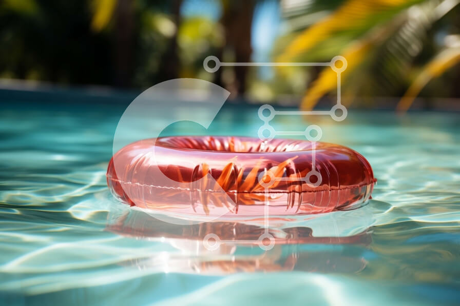 Intra Συλλεκτικό Ξύλινο Παζλ Plywood  4mm - Διασκέδαση στον ήλιο: Κόκκινο φουσκωτό δαχτυλίδι στην πισίνα με φοίνικες Σε Ξύλινο Κουτί - Διαστάσεις Puzzle: 10x10 cm – 25 κομμάτια