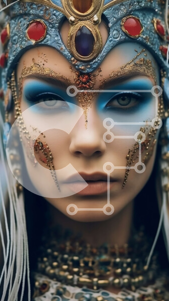 Intra Συλλεκτικό Ξύλινο Παζλ Plywood  4mm - Εκπληκτική εικόνα γυναίκας που φορά περίπλοκο μπλε και χρυσό κάλυμμα κεφαλής και μακιγιάζ Σε Ξύλινο Κουτί - Διαστάσεις Puzzle: 10x10 cm – 25 κομμάτια