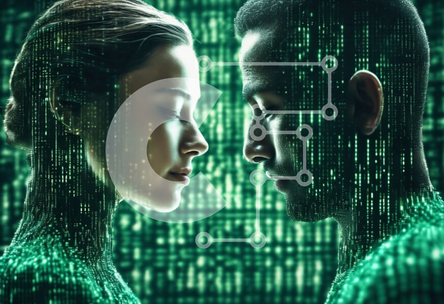 Intra Συλλεκτικό Ξύλινο Παζλ Plywood  4mm - Σύνδεση Sci-Fi/Fantasy: Άνδρας και γυναίκα μπροστά σε πράσινα κωδικοποιημένα φόντο Σε Ξύλινο Κουτί - Διαστάσεις Puzzle: 10x10 cm – 25 κομμάτια