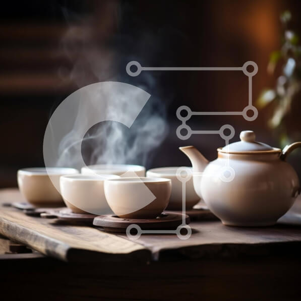 Σετ των 2 Intra Συλλεκτικό Ξύλινο Παζλ Plywood  4mm - Λευκή τσαγιέρα και φλιτζάνια σε ξύλινο τραπέζι Σε Ξύλινο Κουτί - Διαστάσεις: 10x10 cm – 25 κομμάτια