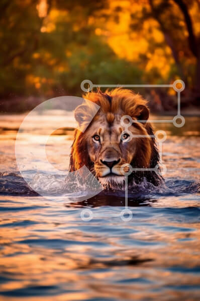 Σετ των 2 Intra Συλλεκτικό Ξύλινο Παζλ Plywood  4mm - Όμορφη εικόνα ενός λιονταριού που κολυμπά στο νερό το ηλιοβασίλεμα Σε Ξύλινο Κουτί - Διαστάσεις: 10x10 cm – 25 κομμάτια