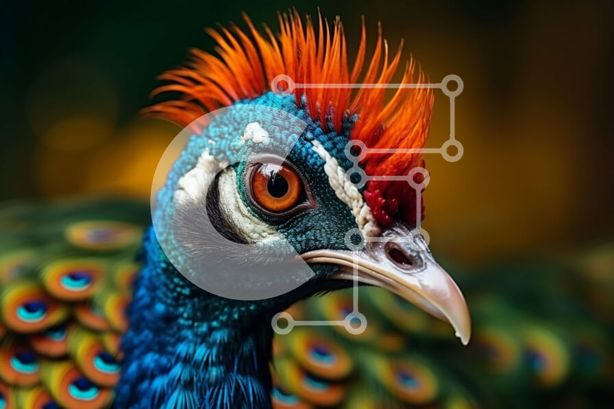 Σετ των 2 Intra Συλλεκτικό Ξύλινο Παζλ Plywood  4mm - Κοντινό πλάνο του κεφαλιού ενός παγωνιού με φτερά με έντονα χρώματα Σε Ξύλινο Κουτί - Διαστάσεις: 10x10 cm – 25 κομμάτια