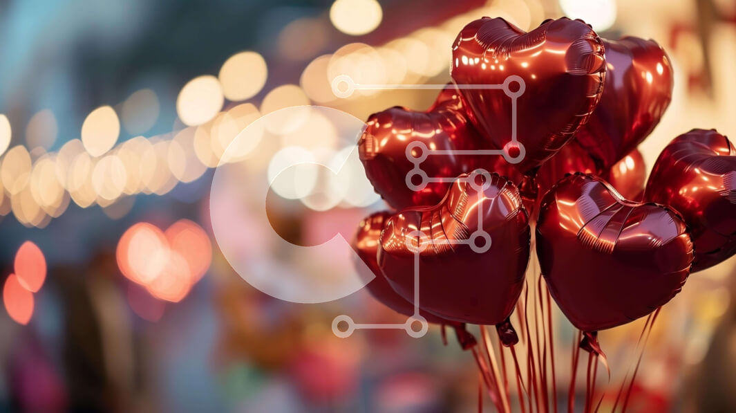 Intra Συλλεκτικό Ξύλινο Παζλ Plywood  4mm - Μπουκέτο από κόκκινα μπαλόνια σε σχήμα καρδιάς με ανθρώπους να γιορτάζουν Σε Ξύλινο Κουτί - Διαστάσεις Puzzle: 10x10 cm – 25 κομμάτια