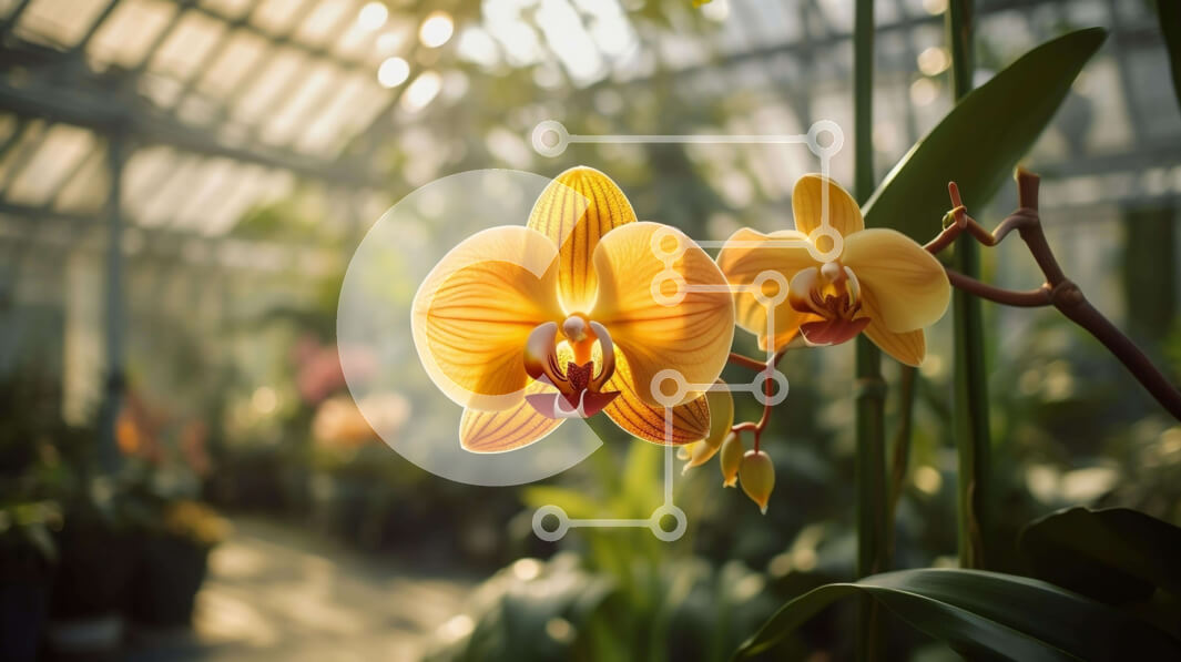 Intra Συλλεκτικό Ξύλινο Παζλ Plywood  4mm - Ανθισμένο λουλούδι ορχιδέας στο θερμοκήπιο με το φως του ήλιου Σε Ξύλινο Κουτί - Διαστάσεις: 10x10 cm – 25 κομμάτια