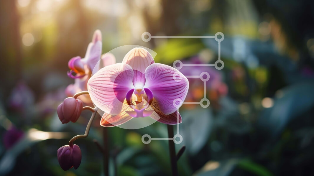 Intra Συλλεκτικό Ξύλινο Παζλ Plywood  4mm - Δύο ροζ λουλούδια ορχιδέας στο καταπράσινο δάσος Σε Ξύλινο Κουτί - Διαστάσεις: 10x10 cm – 25 κομμάτια