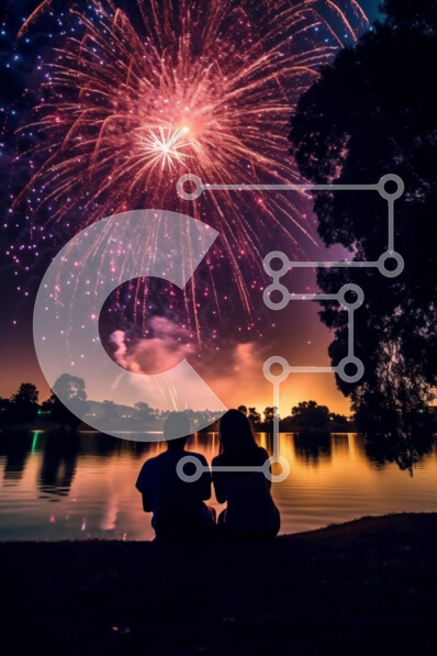 Intra Συλλεκτικό Ξύλινο Παζλ Plywood  4mm - Ευτυχισμένο ζευγάρι που απολαμβάνει επίδειξη πυροτεχνημάτων στην όχθη μιας λίμνης Σε Ξύλινο Κουτί - Διαστάσεις Puzzle: 10x10 cm – 25 κομμάτια