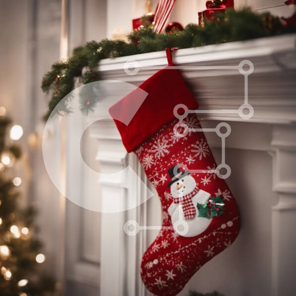 Intra Συλλεκτικό Ξύλινο Παζλ Plywood  4mm - Κόκκινη κάλτσα κρεμαστή στο τζάκι μανδύα με χριστουγεννιάτικα στολίδια Σε Ξύλινο Κουτί - Διαστάσεις: 10x10 cm – 25 κομμάτια