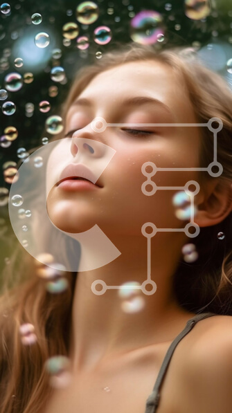 Intra Συλλεκτικό Ξύλινο Παζλ Plywood  4mm - Serene Beauty: Γυναίκα με κλειστά μάτια που περιβάλλεται από φυσαλίδες Σε Ξύλινο Κουτί - Διαστάσεις Puzzle: 10x10 cm – 25 κομμάτια