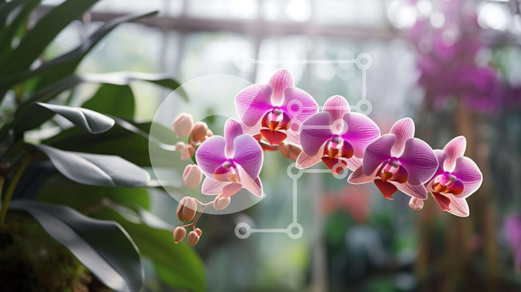 Intra Συλλεκτικό Ξύλινο Παζλ Plywood  4mm - Ανθισμένες ροζ ορχιδέες σε εσωτερικό κήπο ή θερμοκήπιο Σε Ξύλινο Κουτί - Διαστάσεις: 10x10 cm – 25 κομμάτια