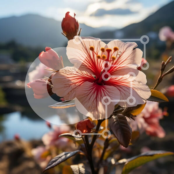 Intra Συλλεκτικό Ξύλινο Παζλ Plywood  4mm - Εκπληκτική φωτογραφία από κοντά του ροζ λουλουδιού ιβίσκου με ορεινό τοπίο Σε Ξύλινο Κουτί - Διαστάσεις: 10x10 cm – 25 κομμάτια