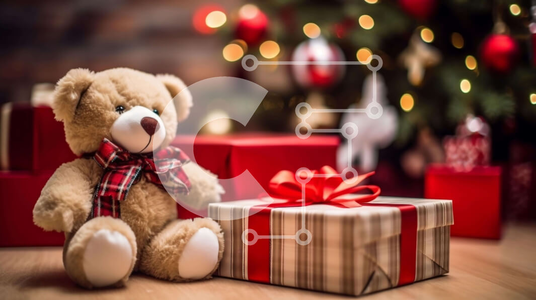 Intra Συλλεκτικό Ξύλινο Παζλ Plywood  4mm - Καφέ αρκουδάκι με ανοιχτό κουτί δώρου και χριστουγεννιάτικο δέντρο στο βάθος Σε Ξύλινο Κουτί - Διαστάσεις: 10x10 cm – 25 κομμάτια