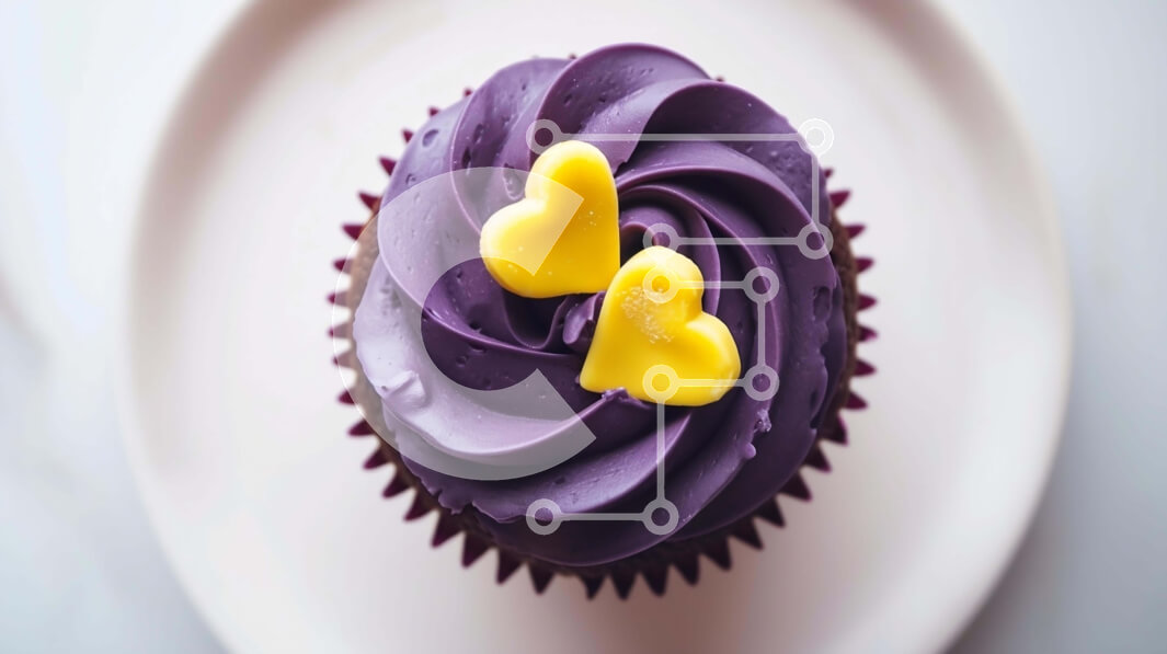 Σετ των 2 Intra Συλλεκτικό Ξύλινο Παζλ Plywood  4mm - Μωβ Cupcake με κίτρινες καρδιές σε λευκό πιάτο Σε Ξύλινο Κουτί - Διαστάσεις: 10x10 cm – 25 κομμάτια