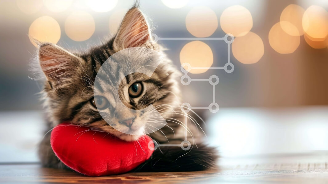 Intra Συλλεκτικό Ξύλινο Παζλ Plywood  4mm - Γκρι και λευκή γάτα που παίζει με πορτοκαλί παιχνίδι σε σχήμα καρδιάς Σε Ξύλινο Κουτί - Διαστάσεις: 10x10 cm – 25 κομμάτια