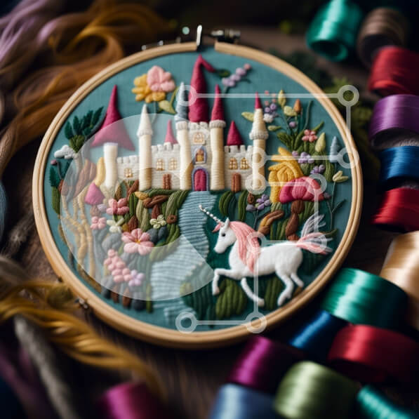 Intra Συλλεκτικό Ξύλινο Παζλ Plywood  4mm - Κεντημένο Κάστρο με Μονόκερο σε Ξύλινο Στεφάνι - Πολύχρωμο Έργο Τέχνης Σε Ξύλινο Κουτί - Διαστάσεις Puzzle: 10x10 cm – 25 κομμάτια