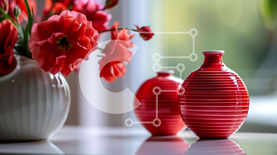 Intra Συλλεκτικό Ξύλινο Παζλ Plywood  4mm - Κόκκινα βάζα και λουλούδια σε ένα τραπέζι με ανοιχτό παράθυρο Σε Ξύλινο Κουτί - Διαστάσεις Puzzle: 10x10 cm – 25 κομμάτια