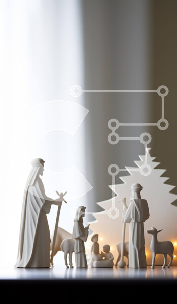 Intra Συλλεκτικό Ξύλινο Παζλ Plywood  4mm - Λευκή σκηνή της Γέννησης με τραπέζι και τεχνητό δέντρο Σε Ξύλινο Κουτί - Διαστάσεις Puzzle: 10x10 cm – 25 κομμάτια