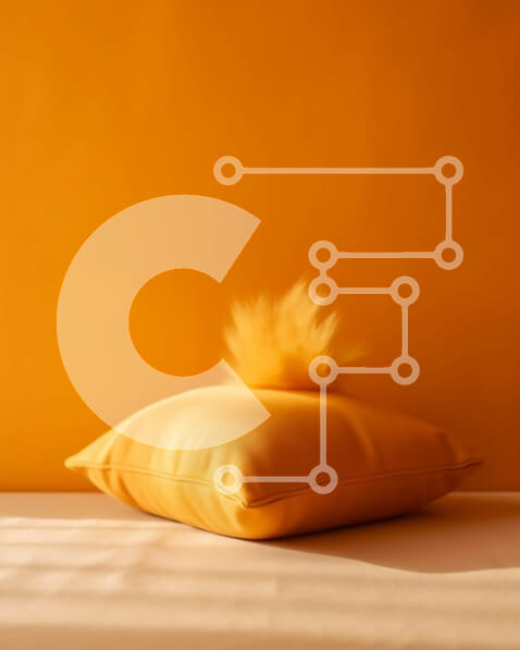 Intra Συλλεκτικό Ξύλινο Παζλ Plywood  4mm - Όμορφη εικόνα ενός κίτρινου μαξιλαριού με αφράτο πομ-πον σε λευκό τραπέζι μπροστά από φωτεινό πορτοκαλί τοίχο Σε Ξύλινο Κουτί - Διαστάσεις Puzzle: 10x10 cm – 25 κομμάτια