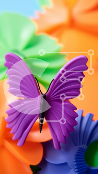 Intra Συλλεκτικό Ξύλινο Παζλ Plywood  4mm - Παιχνίδι μωβ πεταλούδα σε πολύχρωμα πλαστικά λουλούδια Σε Ξύλινο Κουτί - Διαστάσεις: 10x10 cm – 25 κομμάτια