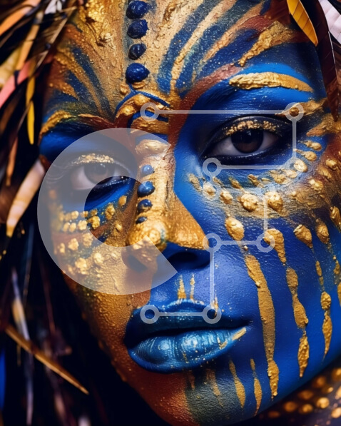 Intra Συλλεκτικό Ξύλινο Παζλ Plywood  4mm - Εκπληκτική γυναίκα με μπλε και χρυσό χρώμα προσώπου και φτερά στα μαλλιά της Σε Ξύλινο Κουτί - Διαστάσεις Puzzle: 10x10 cm – 25 κομμάτια