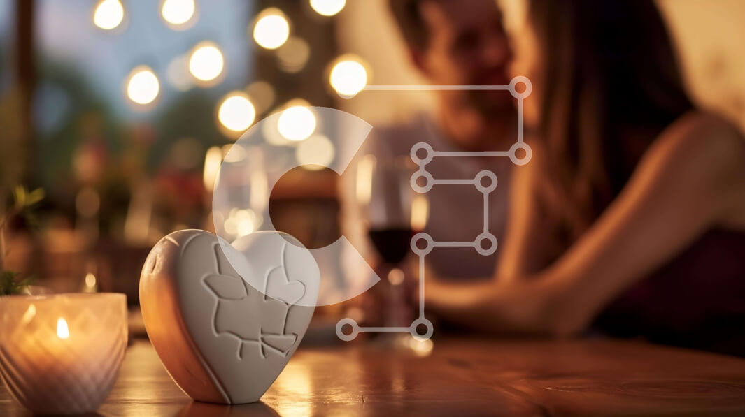 Intra Συλλεκτικό Ξύλινο Παζλ Plywood  4mm - Ρομαντικό ζευγάρι σε τραπεζαρία με βάζο σε σχήμα καρδιάς Σε Ξύλινο Κουτί - Διαστάσεις Puzzle: 10x10 cm – 25 κομμάτια