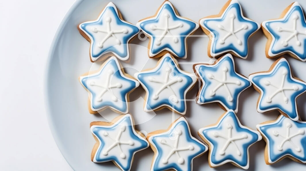 Σετ των 2 Intra Συλλεκτικό Ξύλινο Παζλ Plywood  4mm - Μπισκότα σε σχήμα αστεριού σε ένα πιάτο με μπλε και άσπρο πάγωμα Σε Ξύλινο Κουτί - Διαστάσεις: 10x10 cm – 25 κομμάτια