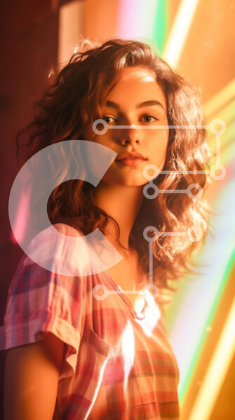 Intra Συλλεκτικό Ξύλινο Παζλ Plywood  4mm - Σοβαρό πορτρέτο μιας νεαρής γυναίκας μπροστά από ένα πολύχρωμο φόντο Σε Ξύλινο Κουτί - Διαστάσεις Puzzle: 10x10 cm – 25 κομμάτια