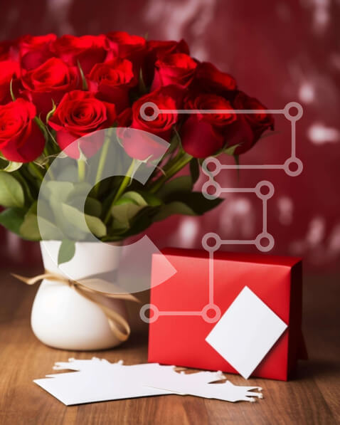 Intra Συλλεκτικό Ξύλινο Παζλ Plywood  4mm - Κόκκινα τριαντάφυλλα σύνθεση με κουτί δώρου Σε Ξύλινο Κουτί - Διαστάσεις Puzzle: 10x10 cm – 25 κομμάτια