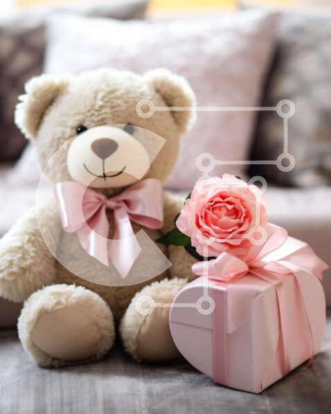 Intra Συλλεκτικό Ξύλινο Παζλ Plywood  4mm - Αρκουδάκι με ροζ κουτί δώρου και τριαντάφυλλο στον καναπέ Σε Ξύλινο Κουτί - Διαστάσεις: 10x10 cm – 25 κομμάτια