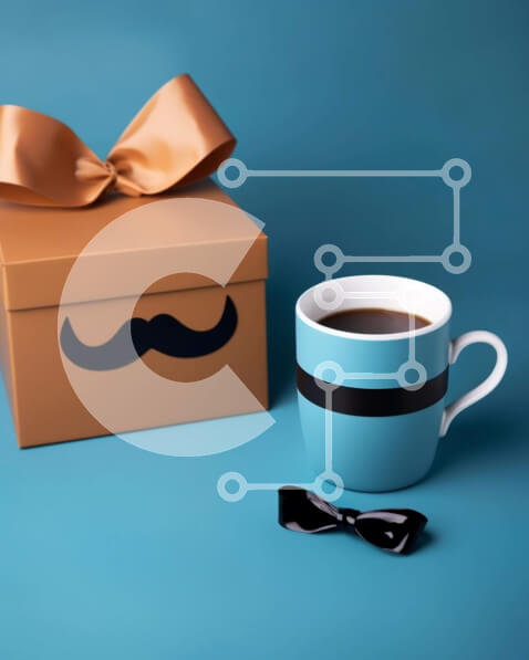 Intra Συλλεκτικό Ξύλινο Παζλ Plywood  4mm - Φλιτζάνι καφέ με μουστάκι και παπιγιόν δίπλα σε κουτί δώρου Σε Ξύλινο Κουτί - Διαστάσεις Puzzle: 10x10 cm – 25 κομμάτια