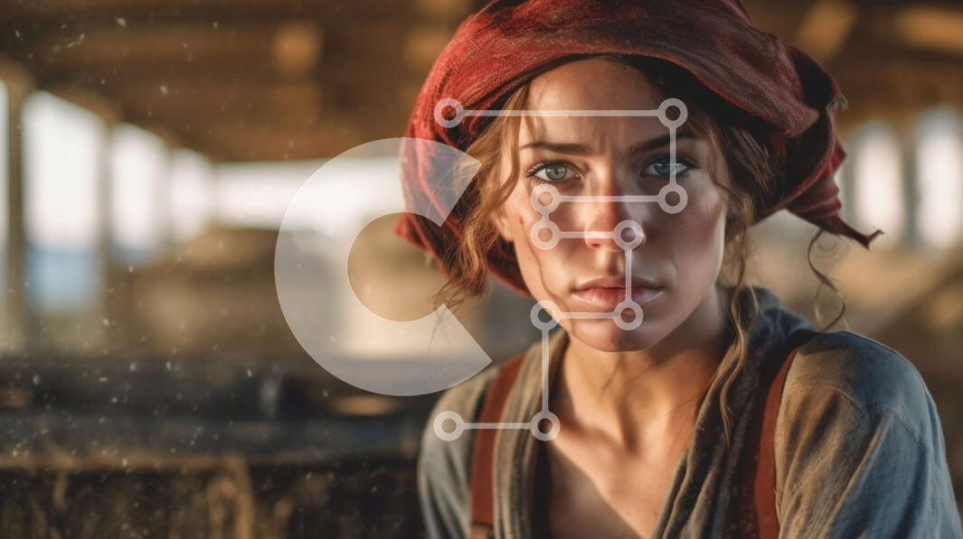 Intra Συλλεκτικό Ξύλινο Παζλ Plywood  4mm - Σοβαρή γυναίκα με κόκκινο κασκόλ και καφέ φόρεμα που στέκεται μπροστά από την αχυρώνα της στέγης Σε Ξύλινο Κουτί - Διαστάσεις Puzzle: 10x10 cm – 25 κομμάτια