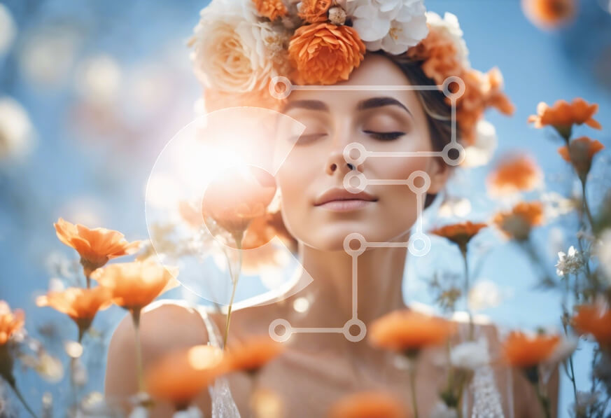 Intra Συλλεκτικό Ξύλινο Παζλ Plywood  4mm - Όμορφη γυναίκα με πορτοκαλί λουλούδι στέμμα στο πεδίο των λουλουδιών Σε Ξύλινο Κουτί - Διαστάσεις Puzzle: 10x10 cm – 25 κομμάτια