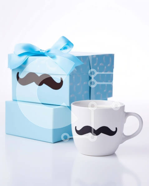 Intra Συλλεκτικό Ξύλινο Παζλ Plywood  4mm - Μπλε Κουτί δώρου με σχέδιο μουστάκι και φλιτζάνι καφέ Σε Ξύλινο Κουτί - Διαστάσεις Puzzle: 10x10 cm – 25 κομμάτια