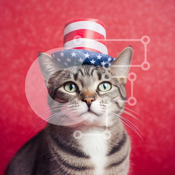 Intra Συλλεκτικό Ξύλινο Παζλ Plywood  4mm - Αξιολάτρευτη γκρι τιγρέ γάτα που φορά ένα κόκκινο, λευκό και μπλε καπέλο με αστέρια Σε Ξύλινο Κουτί - Διαστάσεις: 10x10 cm – 25 κομμάτια