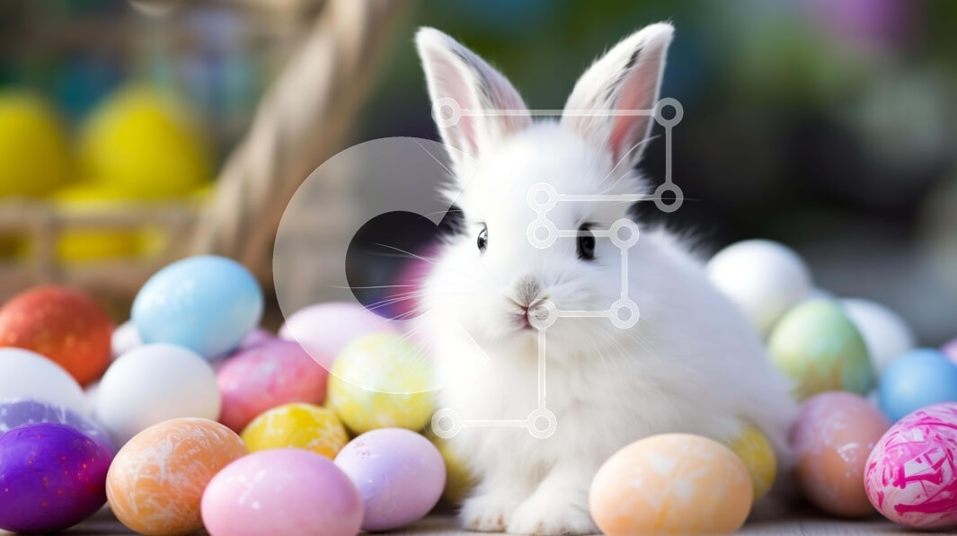 Intra Συλλεκτικό Ξύλινο Παζλ Plywood  4mm - Λευκό λαγουδάκι που περιβάλλεται από πολύχρωμα πασχαλινά αυγά και καλάθια Σε Ξύλινο Κουτί - Διαστάσεις: 10x10 cm – 25 κομμάτια