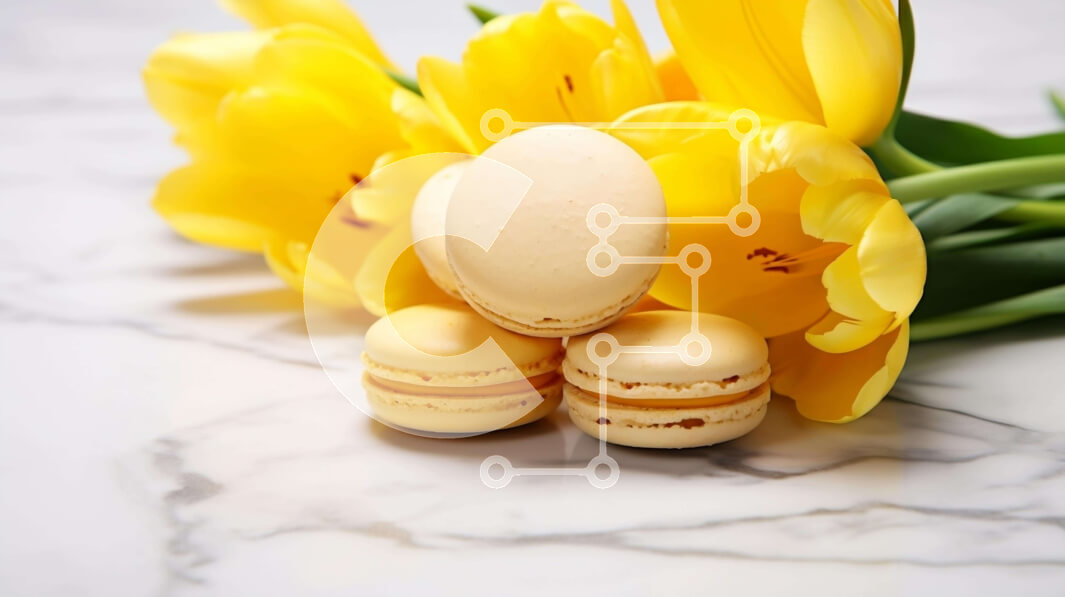 Intra Συλλεκτικό Ξύλινο Παζλ Plywood  4mm - Πολύχρωμα ανοιξιάτικα μακαρόν και τουλίπες σε μαρμάρινο τραπέζι Σε Ξύλινο Κουτί - Διαστάσεις Puzzle: 10x10 cm – 25 κομμάτια