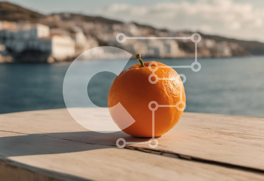 Σετ των 2 Intra Συλλεκτικό Ξύλινο Παζλ Plywood  4mm - Φρέσκο ​​και ώριμο πορτοκάλι σε ξύλινο τραπέζι με θέα στη θάλασσα Σε Ξύλινο Κουτί - Διαστάσεις: 10x10 cm – 25 κομμάτια