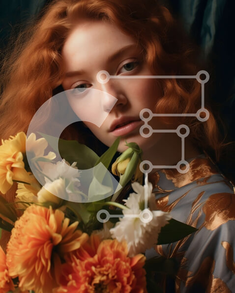 Intra Συλλεκτικό Ξύλινο Παζλ Plywood  4mm - Μυστηριώδες και κομψό πορτρέτο μιας κοκκινομάλλας γυναίκας με ένα μπουκέτο λουλούδια Σε Ξύλινο Κουτί - Διαστάσεις Puzzle: 10x10 cm – 25 κομμάτια