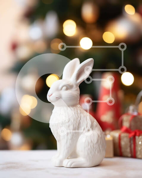 Intra Συλλεκτικό Ξύλινο Παζλ Plywood  4mm - Λευκό ειδώλιο λαγουδάκι μπροστά από ένα χριστουγεννιάτικο δέντρο Σε Ξύλινο Κουτί - Διαστάσεις: 10x10 cm – 25 κομμάτια