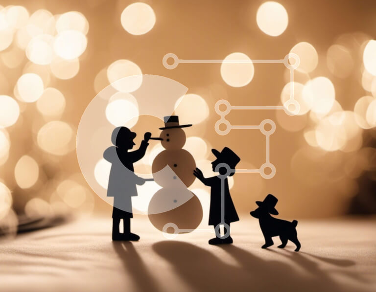 Intra Συλλεκτικό Ξύλινο Παζλ Plywood  4mm - Παιδιά και σκύλος που παίζουν μπροστά στον φωτισμένο χιονάνθρωπο Σε Ξύλινο Κουτί - Διαστάσεις: 10x10 cm – 25 κομμάτια