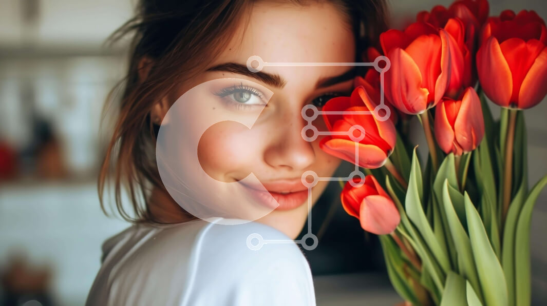 Intra Συλλεκτικό Ξύλινο Παζλ Plywood  4mm - Γυναίκα που κρατά ένα μπουκέτο με κόκκινες τουλίπες Σε Ξύλινο Κουτί - Διαστάσεις Puzzle: 10x10 cm – 25 κομμάτια