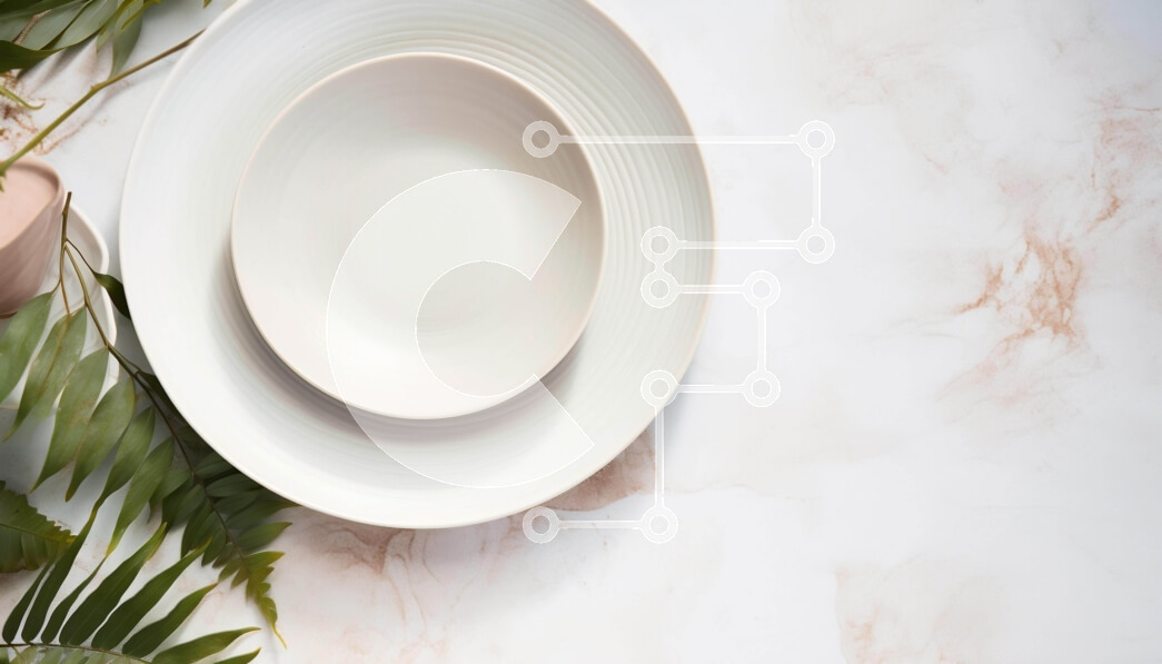 Σετ των 2 Intra Συλλεκτικό Ξύλινο Παζλ Plywood  4mm - Λευκό πιάτο με μπολ και πράσινα φύλλα σε ένα μαρμάρινο τραπέζι Σε Ξύλινο Κουτί - Διαστάσεις: 10x10 cm – 25 κομμάτια