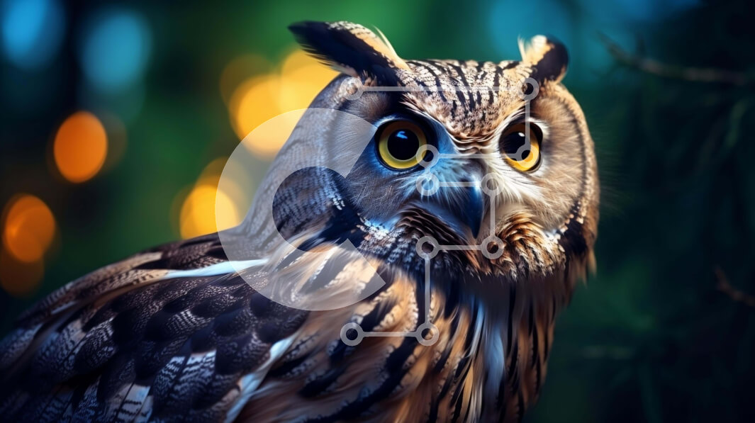 Σετ των 2 Intra Συλλεκτικό Ξύλινο Παζλ Plywood  4mm - Κοντινό πλάνο μιας κουκουβάγιας στο δάσος με φωτεινά κίτρινα μάτια Σε Ξύλινο Κουτί - Διαστάσεις: 10x10 cm – 25 κομμάτια