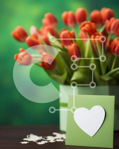 Intra Συλλεκτικό Ξύλινο Παζλ Plywood  4mm - Πορτοκαλί τουλίπες σε πράσινο βάζο με κάρτα σε σχήμα καρδιάς Σε Ξύλινο Κουτί - Διαστάσεις: 10x10 cm – 25 κομμάτια