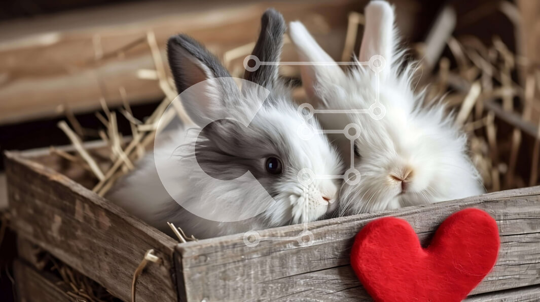 Intra Συλλεκτικό Ξύλινο Παζλ Plywood  4mm - Δύο λευκά κουνέλια  Σε Ξύλινο Κουτί με σανό και κόκκινη καρδιά Σε Ξύλινο Κουτί - Διαστάσεις: 10x10 cm – 25 κομμάτια