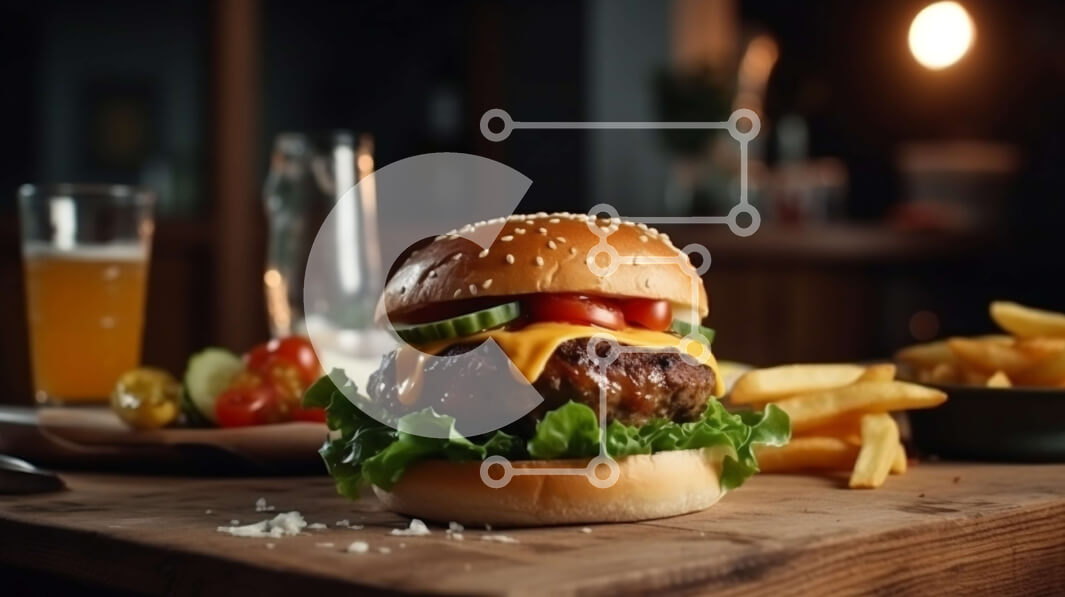 Σετ των 2 Intra Συλλεκτικό Ξύλινο Παζλ Plywood  4mm - Νόστιμο Cheeseburger και πατάτες με εκπληκτική θέα στην πόλη Σε Ξύλινο Κουτί - Διαστάσεις: 10x10 cm – 25 κομμάτια