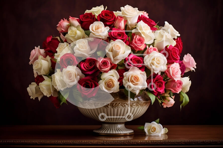 Intra Συλλεκτικό Ξύλινο Παζλ Plywood  4mm - Όμορφα κόκκινα και άσπρα τριαντάφυλλα σε ένα βάζο σε ένα ξύλινο τραπέζι Σε Ξύλινο Κουτί - Διαστάσεις Puzzle: 10x10 cm – 25 κομμάτια