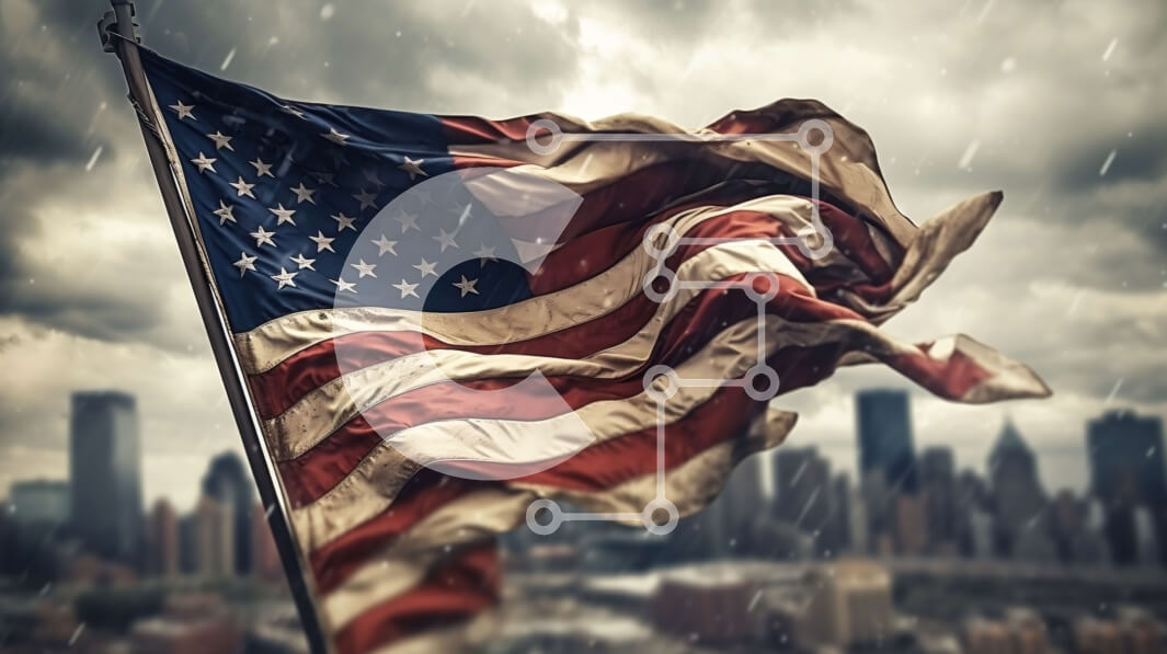 Intra Συλλεκτικό Ξύλινο Παζλ Plywood  4mm - Αμερικανική σημαία και στον ορίζοντα της πόλης | Φωτογραφία Αρχείου Σε Ξύλινο Κουτί - Διαστάσεις Puzzle: 10x10 cm – 25 κομμάτια