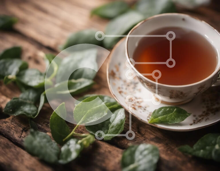 Σετ των 2 Intra Συλλεκτικό Ξύλινο Παζλ Plywood  4mm - Φλιτζάνι τσάι με πράσινα φύλλα σε ένα ξύλινο τραπέζι Σε Ξύλινο Κουτί - Διαστάσεις: 10x10 cm – 25 κομμάτια