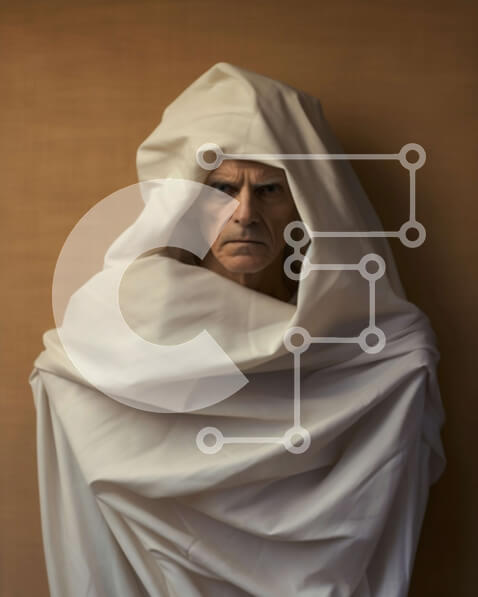 Intra Συλλεκτικό Ξύλινο Παζλ Plywood  4mm - Άτομο με την άσπρη ρόμπα με την κουκούλα που στέκεται μπροστά από τον μπεζ τοίχο Στοκ Φωτογραφία Σε Ξύλινο Κουτί - Διαστάσεις Puzzle: 10x10 cm – 25 κομμάτια